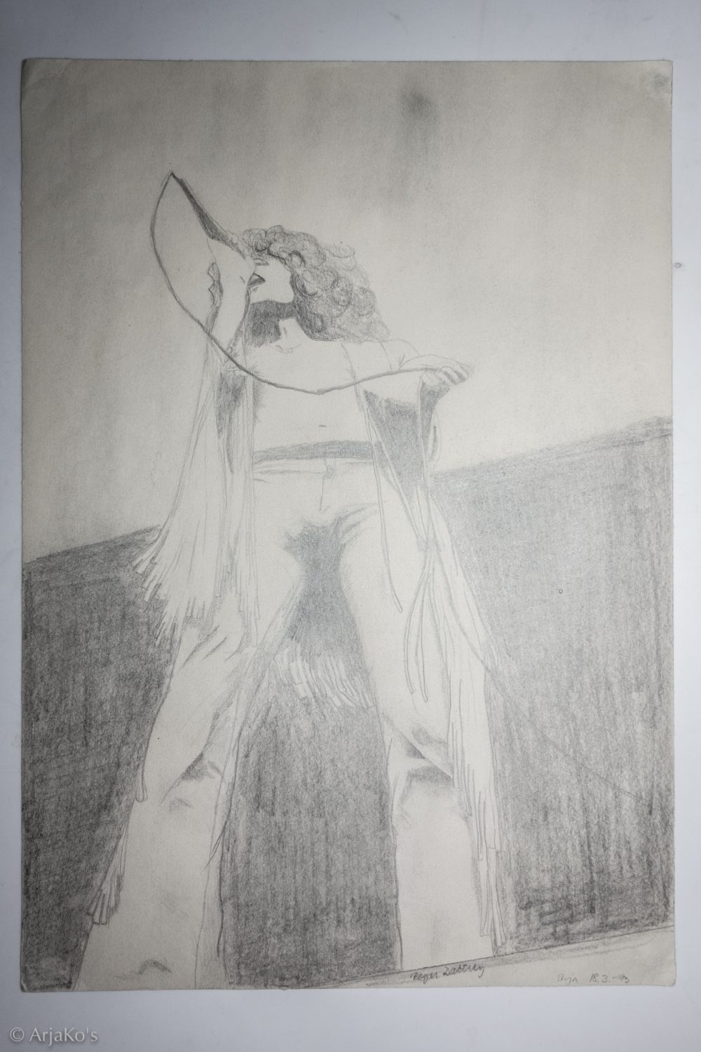 Roger Daltrey ikonisissa hapsuissaan, lyijykynäpiirros 42x30 cm, 1973.